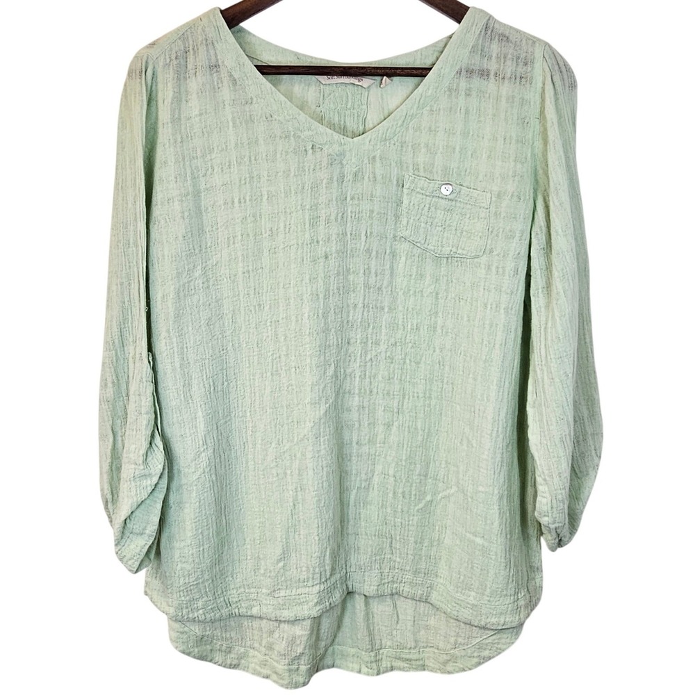 SOFT SURROUNDINGS Green Linen Cotton Blend Gauze Tunic Blouse Shirt Small S‎